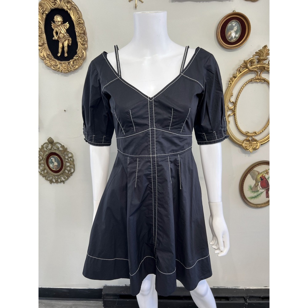 Derek Lam 10 Crosby Black Contrast Stitch Puff Sleeve Mini Dress Size 2